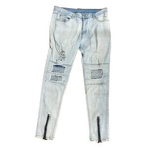 MANS Mens 34 Light Wash Distressed Biker Skinny Jeans Ankle Zipper Pre Owned